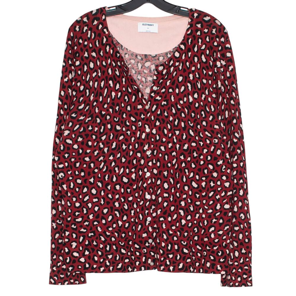 Leopard Animal Print Cardigan Sweater Red Button Up Preppy Casual Old Navy XXL